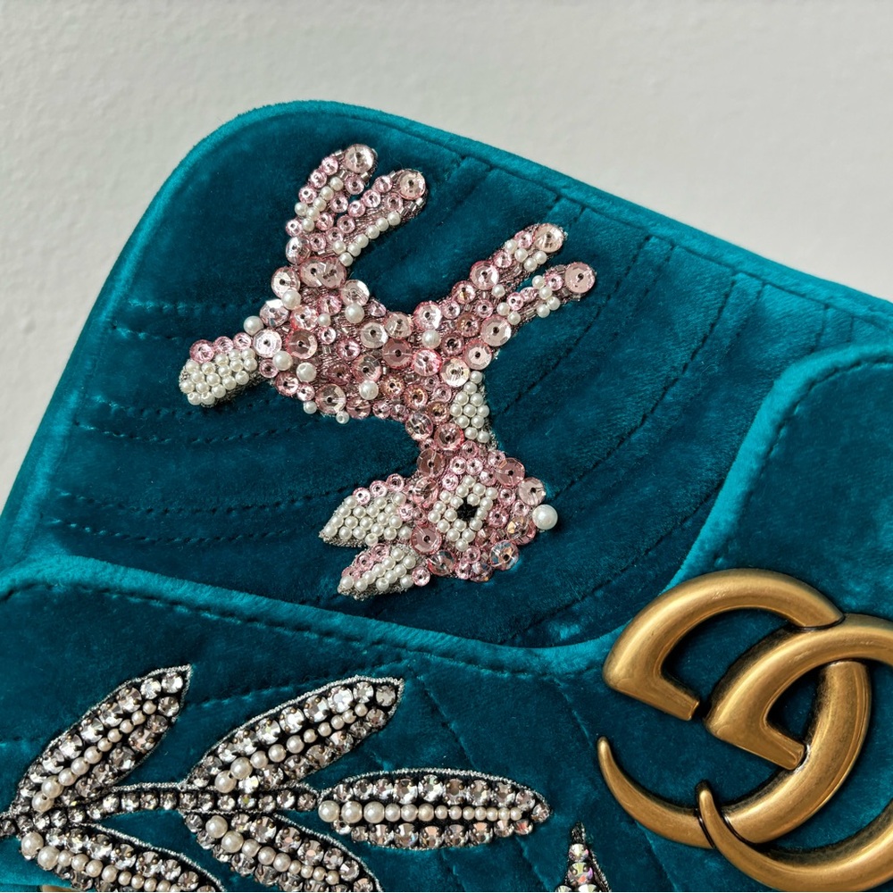 Gucci Velvet Matelasse Embroidered Small GG Marmont Shoulder Bag Pavone Cyan - Picture 9 of 15